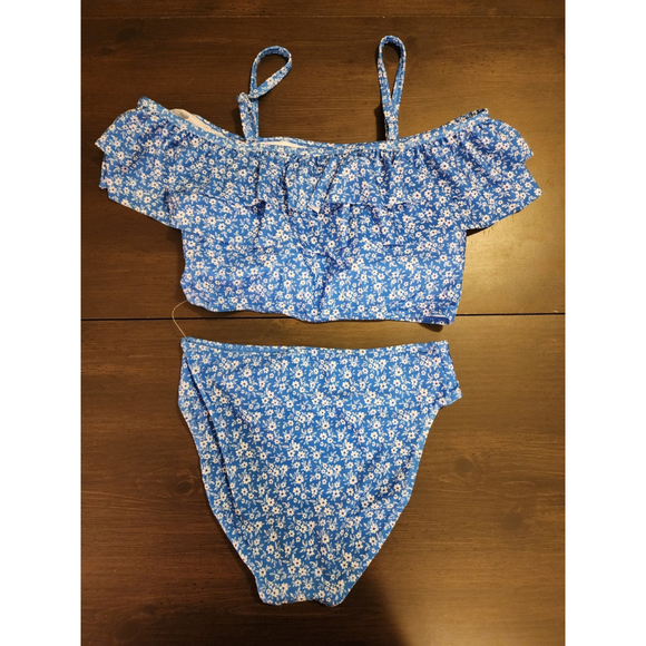 Tahari 2 piece Set Swimsuit Bathing Suit Off Shoulder LARGE Blue White Floral - Picture 6 of 16